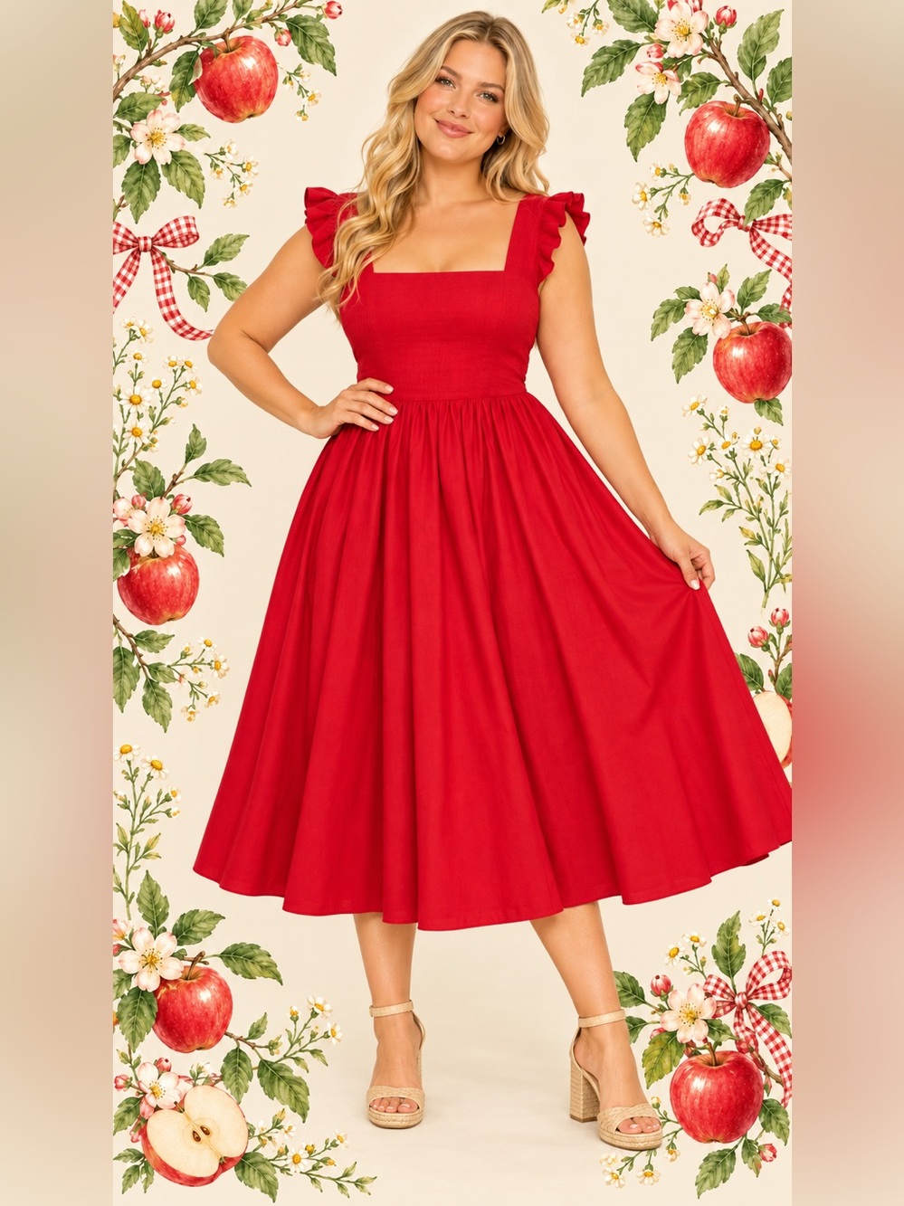 Unique Vintage Red Ruffle Sleeve Briar Midi Dress by Timeless London, 1X, NWT!
